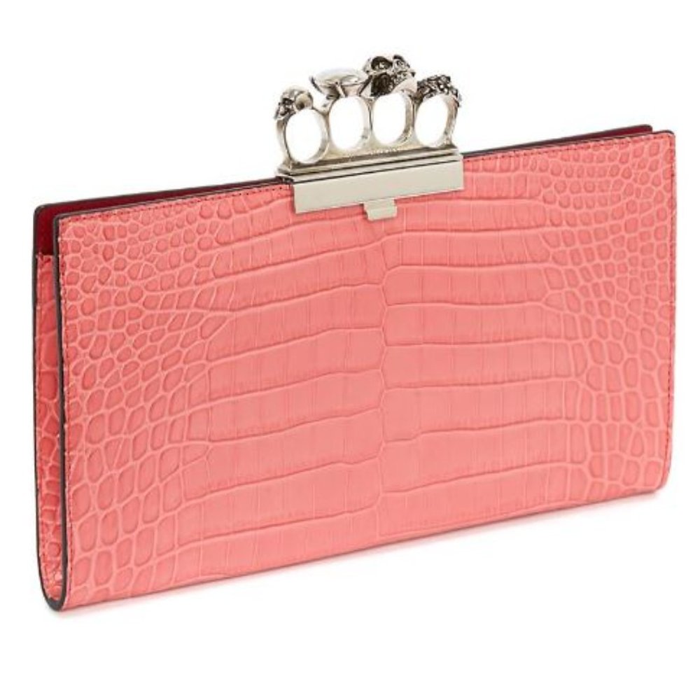 Alexander McQueen Skull Four-Ring Croc-Embossed Leather Clutch Pink